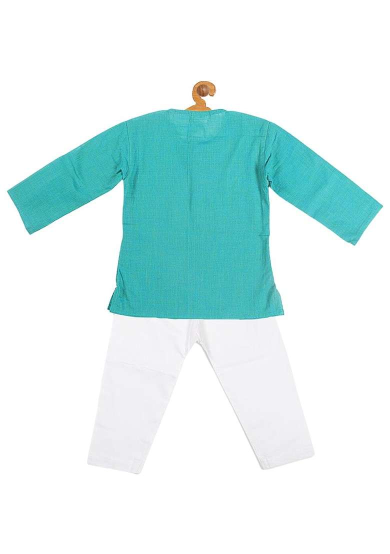 Blue Embroidered Cotton Kurta Set For Boys - Indya