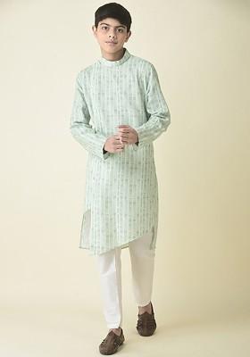 Green Printed Cotton Kurta Set For Boys