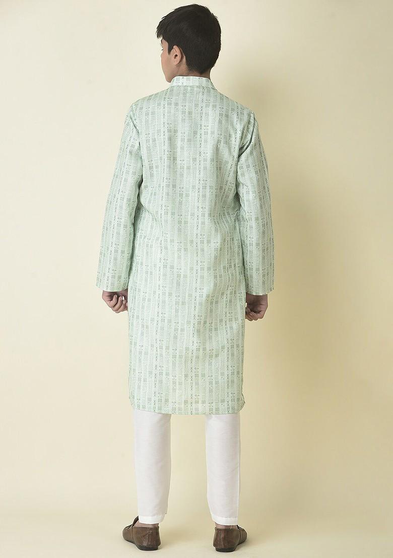 Green Printed Cotton Kurta Set For Boys - Indya