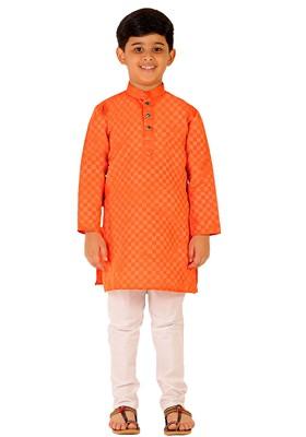 Orange Embroidered Cotton Kurta Set For Boys