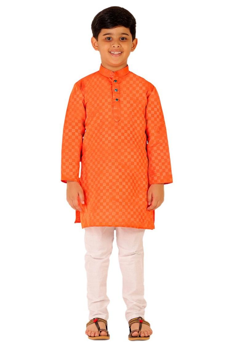 Orange Embroidered Cotton Kurta Set For Boys - Indya