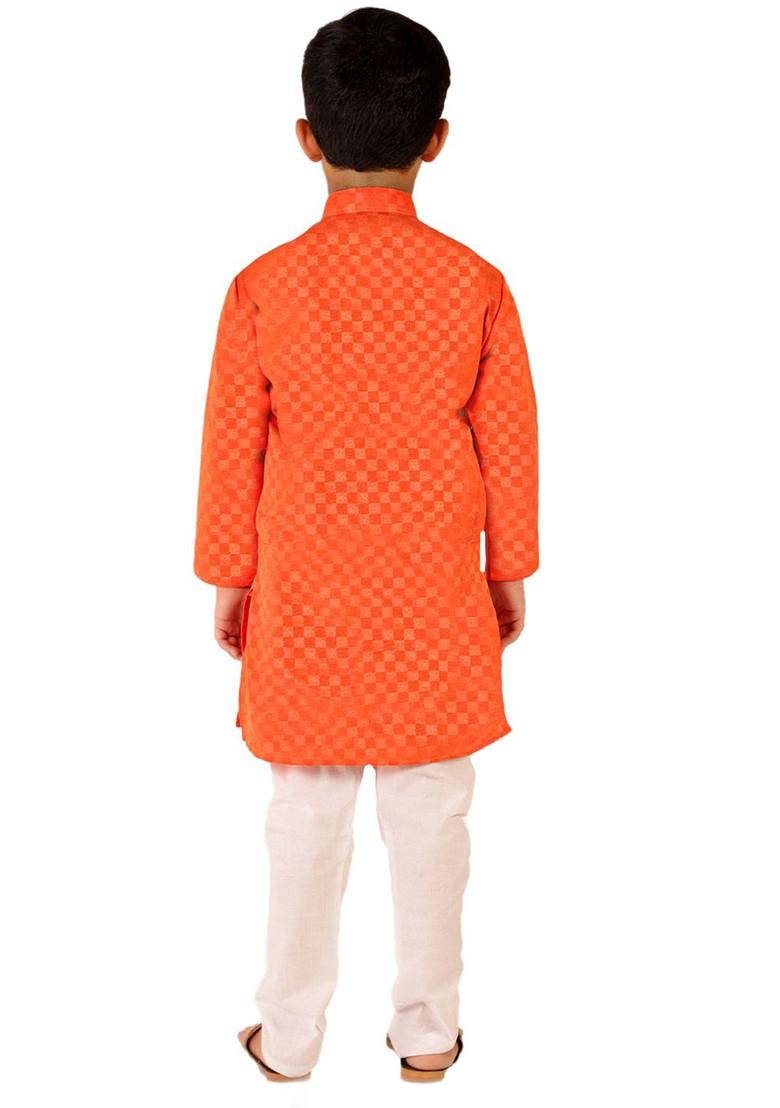 Orange Embroidered Cotton Kurta Set For Boys - Indya