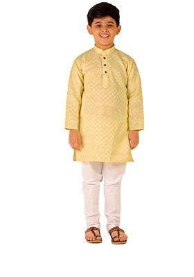 Yellow Embroidered Cotton Kurta Set For Boys