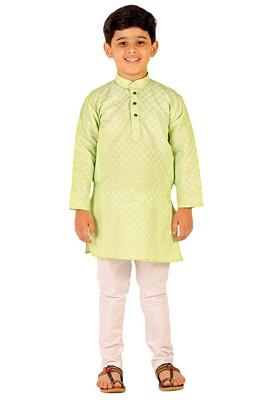 Green Printed Cotton Kurta Set For Boys