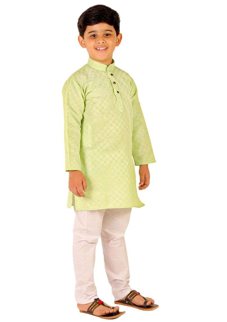 Green Printed Cotton Kurta Set For Boys - Indya