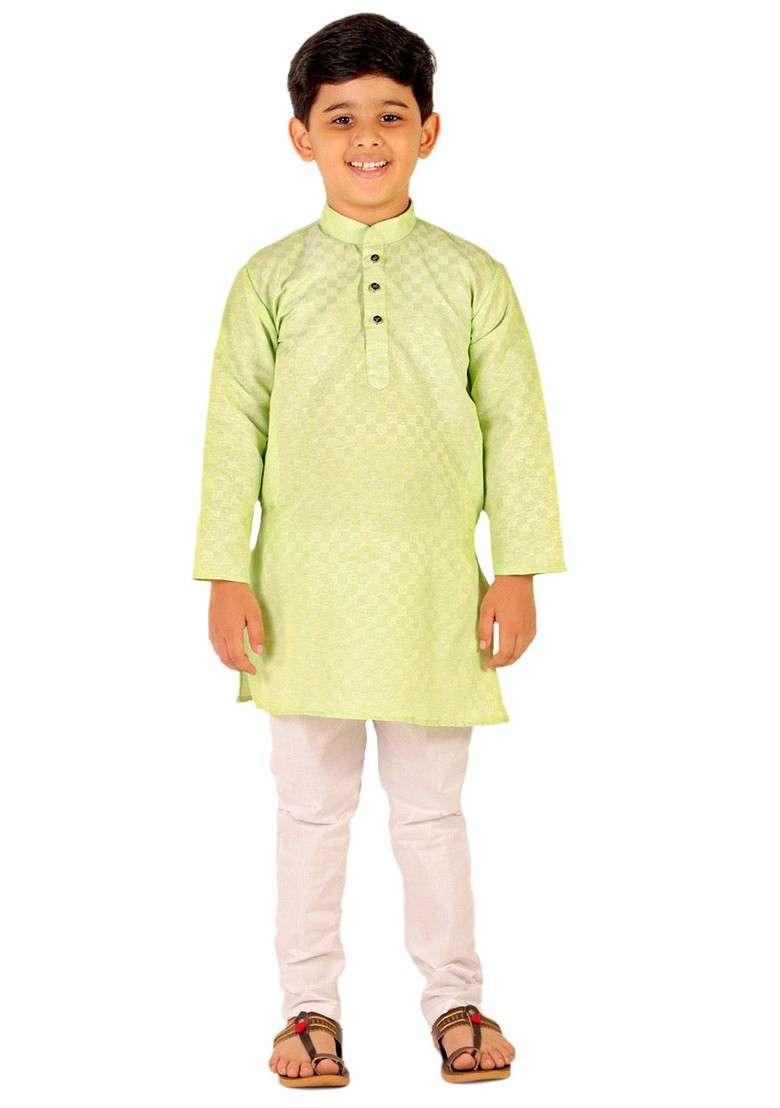 Green Printed Cotton Kurta Set For Boys - Indya