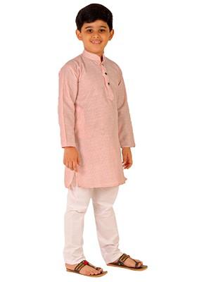 Orange Striped Cotton Kurta Set For Boys