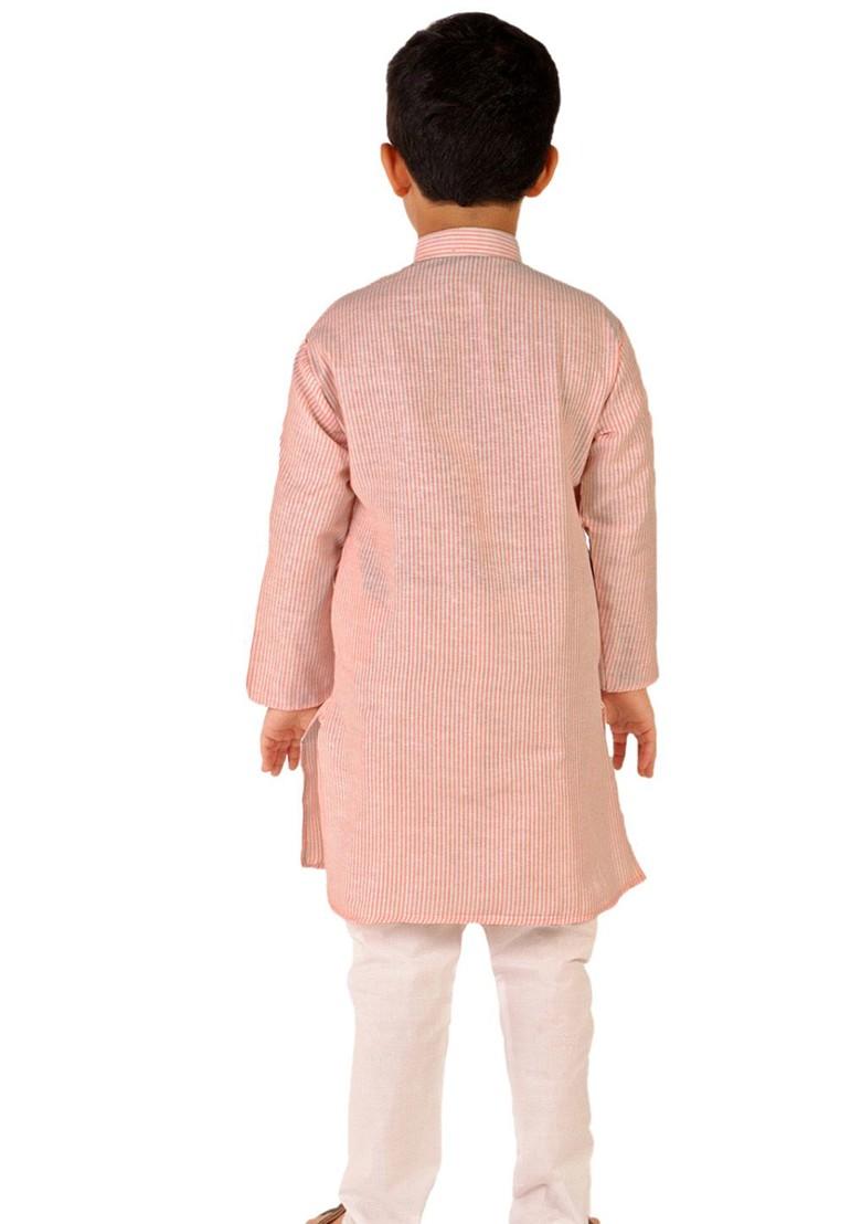 Orange Striped Cotton Kurta Set For Boys - Indya