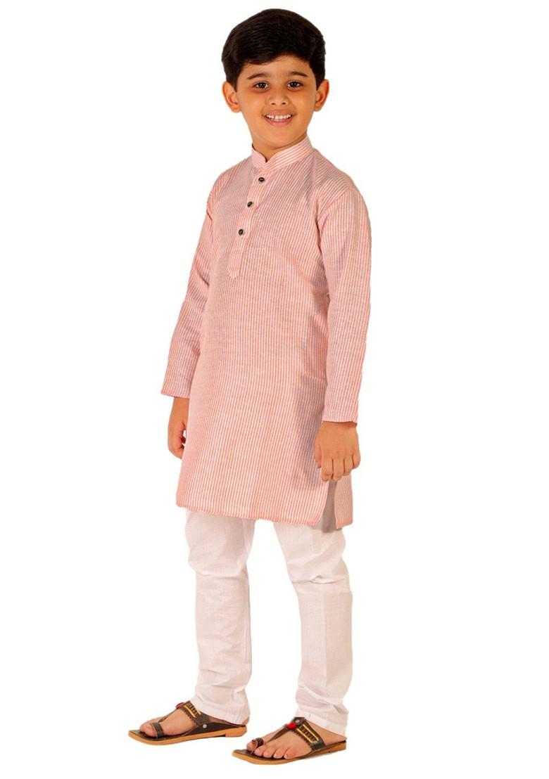 Orange Striped Cotton Kurta Set For Boys - Indya