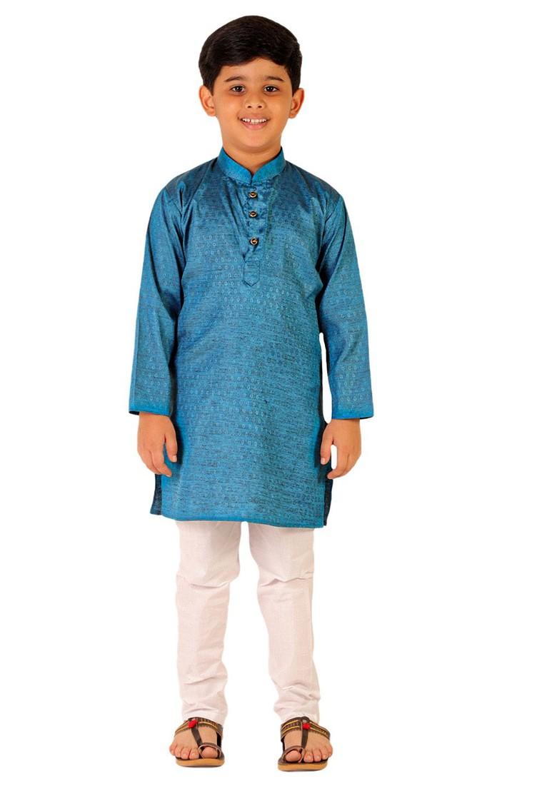 Blue Embroidered Cotton Kurta Set For Boys - Indya