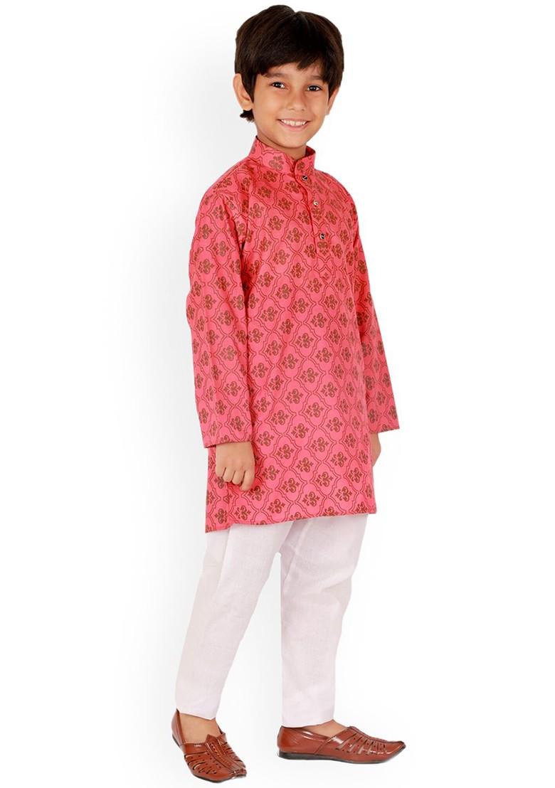 Pink Printed Cotton Kurta Set For Boys - Indya