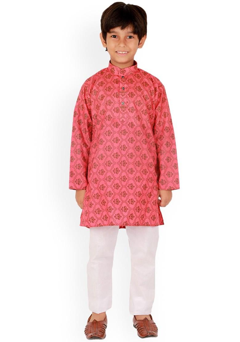 Pink Printed Cotton Kurta Set For Boys - Indya
