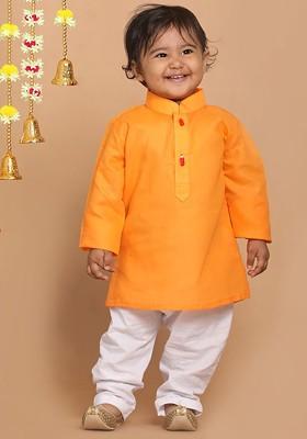 Orange Embroidered Blended Kurta Set For Boys