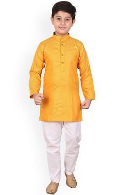 Yellow Woven Design Cotton Kurta Set For Boys