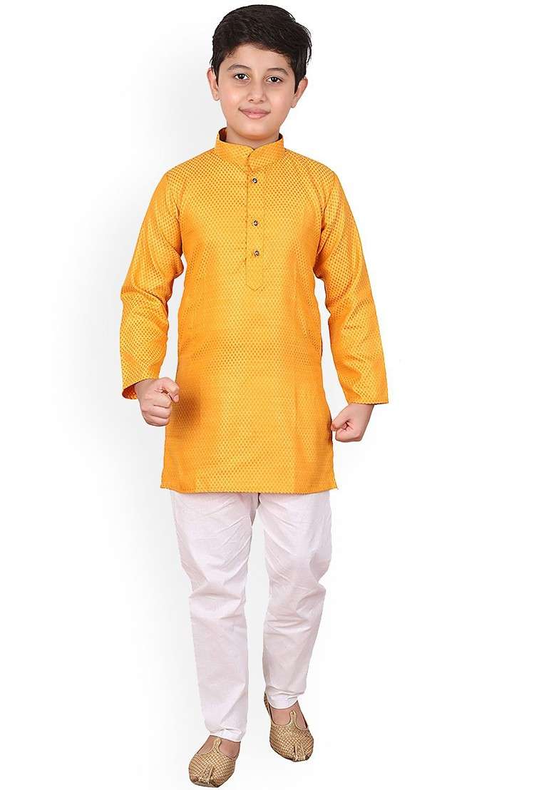 Yellow Woven Design Cotton Kurta Set For Boys - Indya