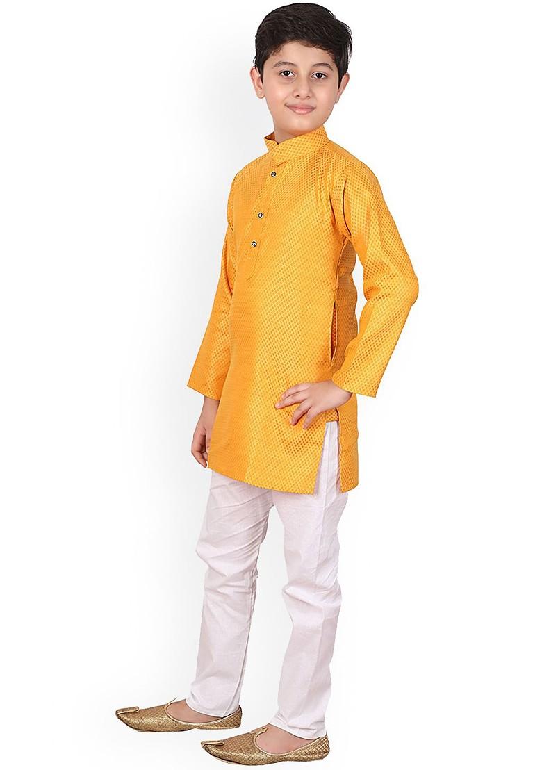 Yellow Woven Design Cotton Kurta Set For Boys - Indya