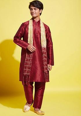 Maroon Embroidered Blended Kurta Set For Boys