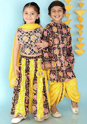Black Printed Cotton Kurta Dhoti Set For Boys