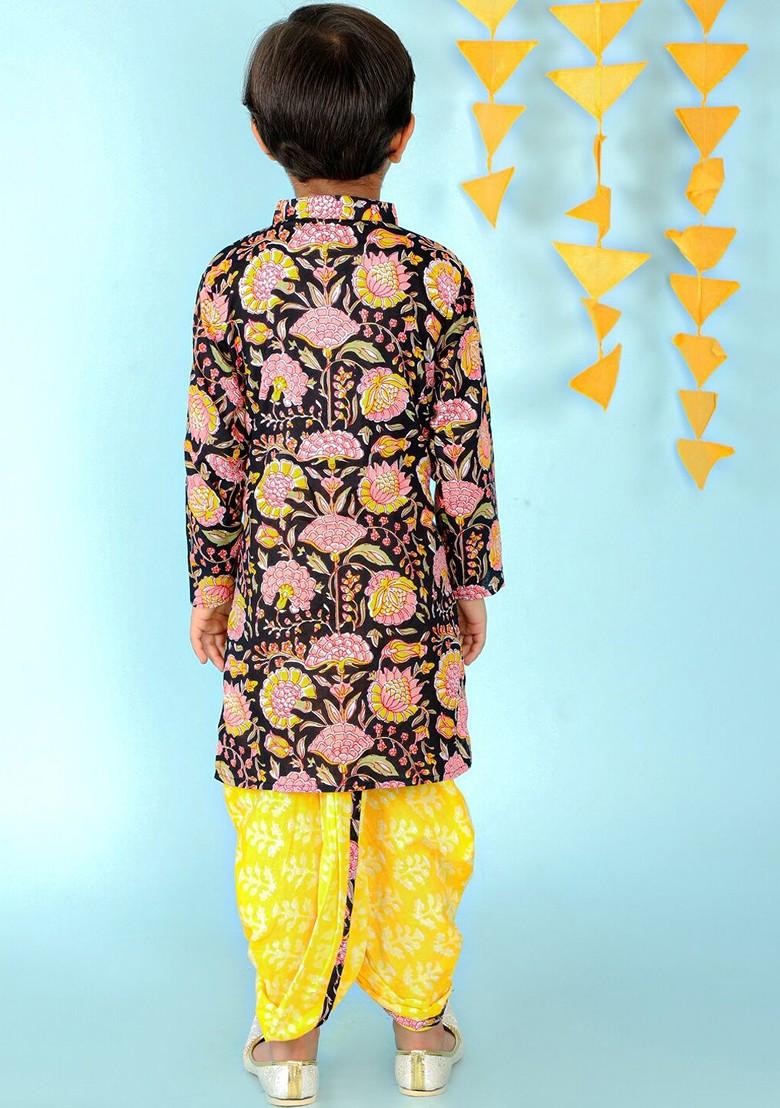 Black Printed Cotton Kurta Dhoti Set For Boys - Indya