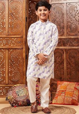 White Printed Blended Kurta Set For Boys