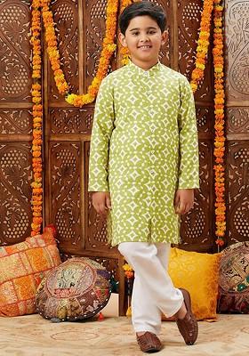 Green Printed Blended Kurta Set For Boys