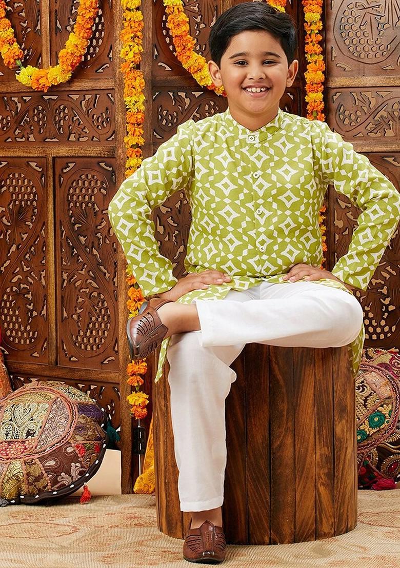 Green Printed Blended Kurta Set For Boys - Indya
