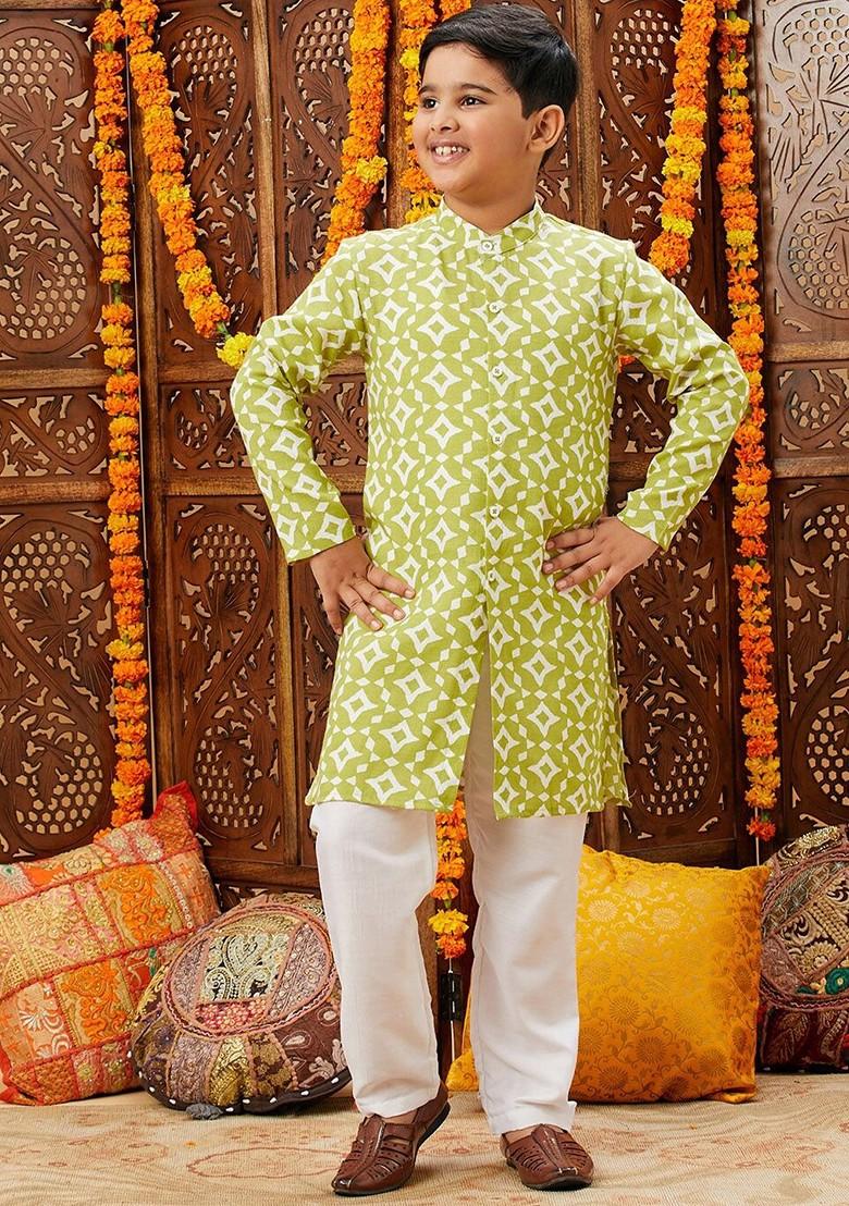 Green Printed Blended Kurta Set For Boys - Indya