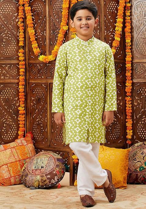 Green Printed Blended Kurta Set For Boys — view on Indya