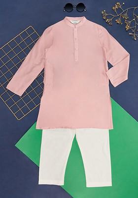 Pink Embroidered Blended Kurta Set For Boys
