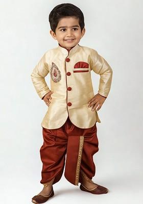Cream Embroidered Blended Kurta Set For Boys