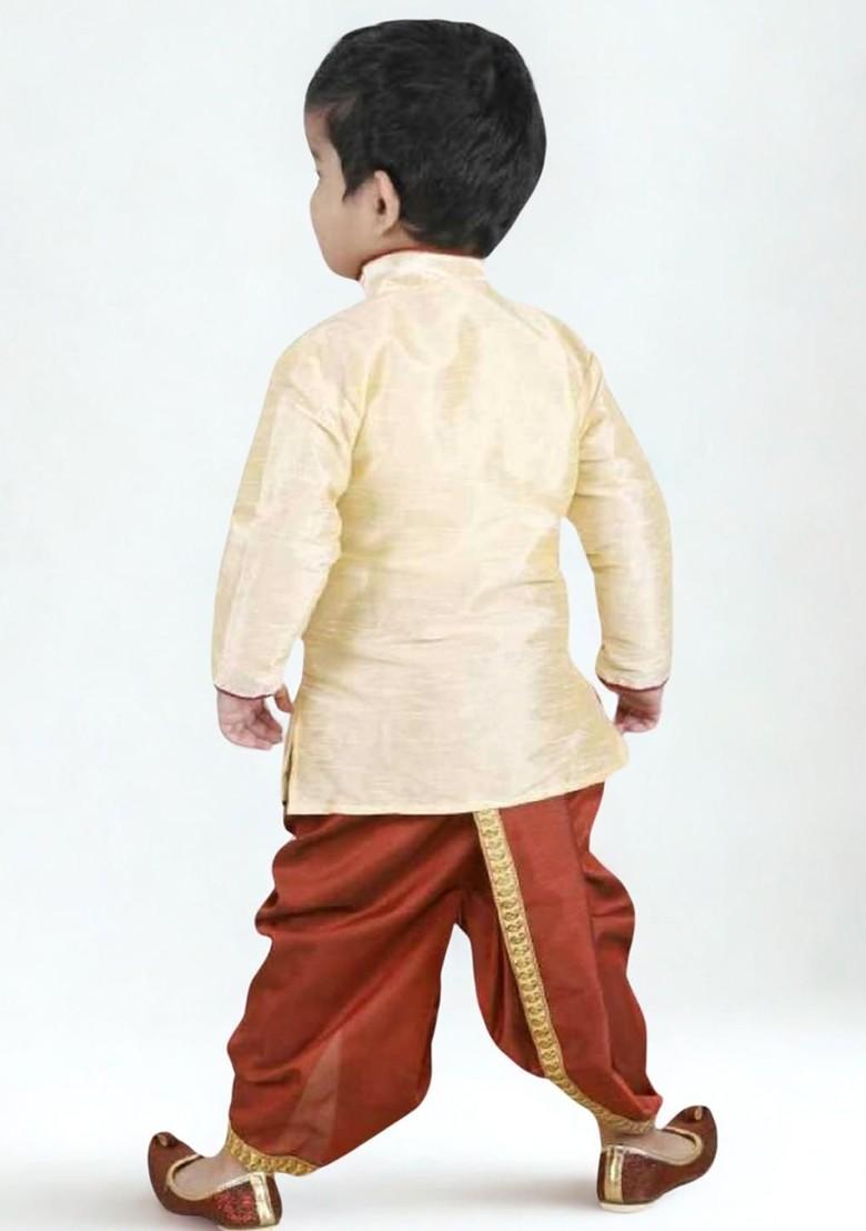 Cream Embroidered Blended Kurta Set For Boys - Indya