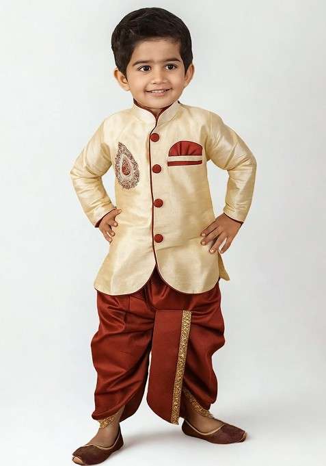 Cream Embroidered Blended Kurta Set For Boys