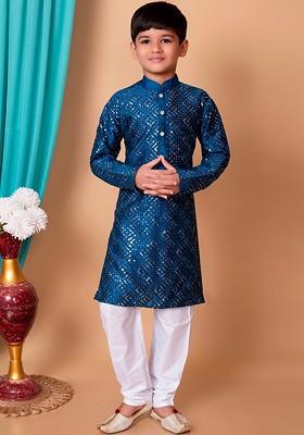 Blue Embroidered Silk Kurta Set For Boys