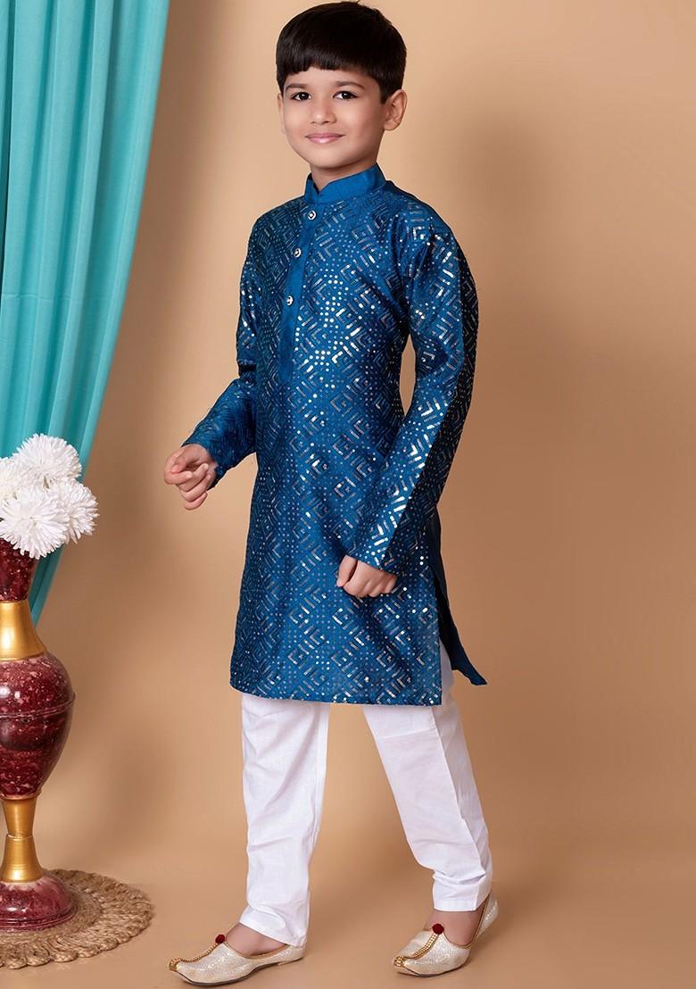 Blue Embroidered Silk Kurta Set For Boys - Indya
