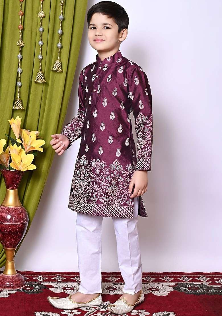 Purple Printed Silk Kurta Set For Boys - Indya