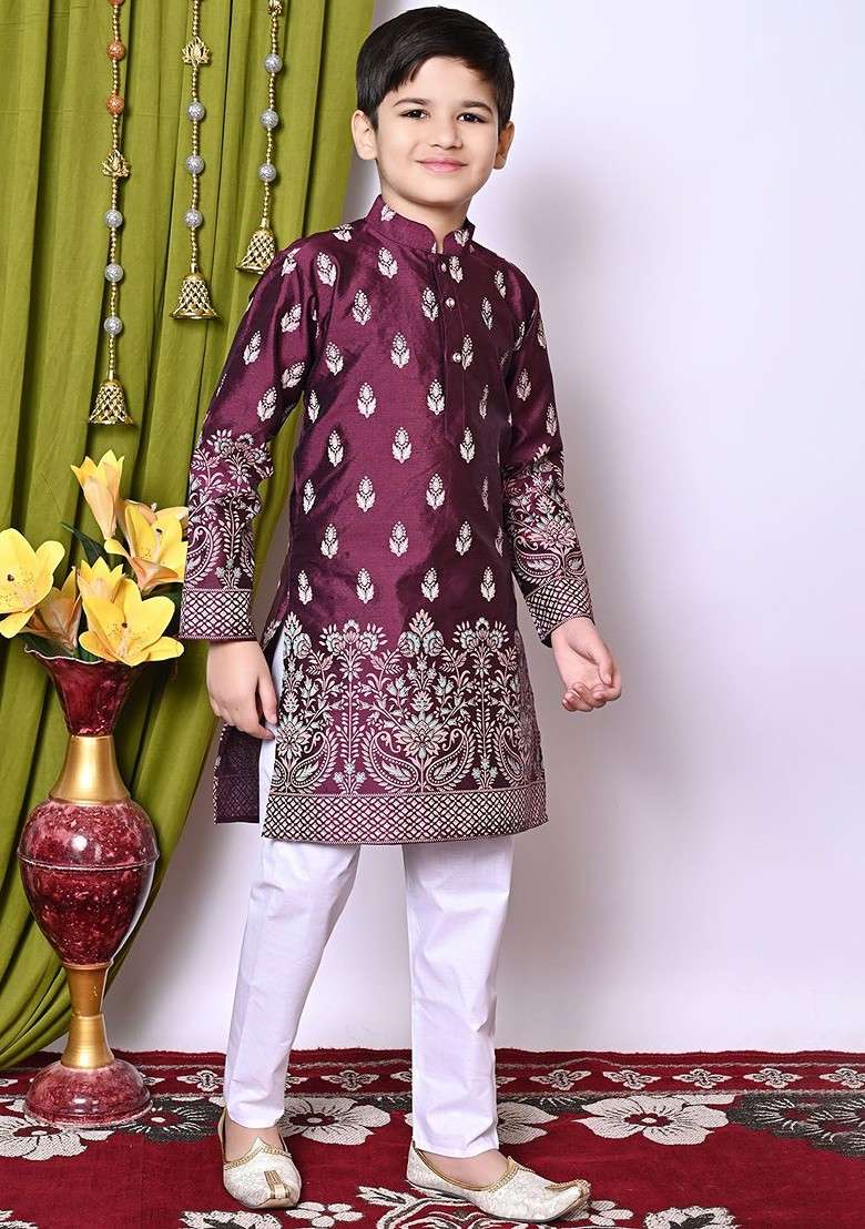 Purple Printed Silk Kurta Set For Boys - Indya