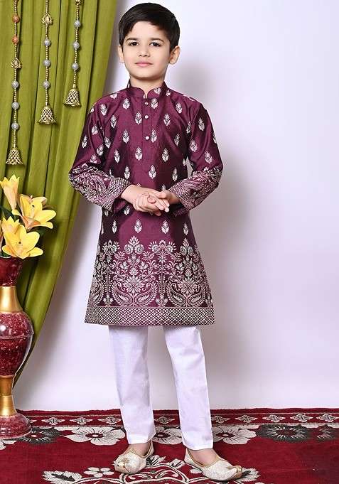 Purple Printed Silk Kurta Set For Boys