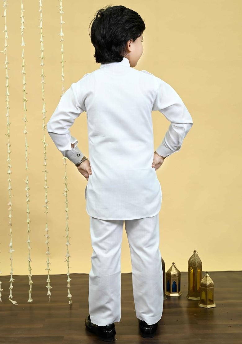 White Embroidered Blended Kurta Set For Boys - Indya