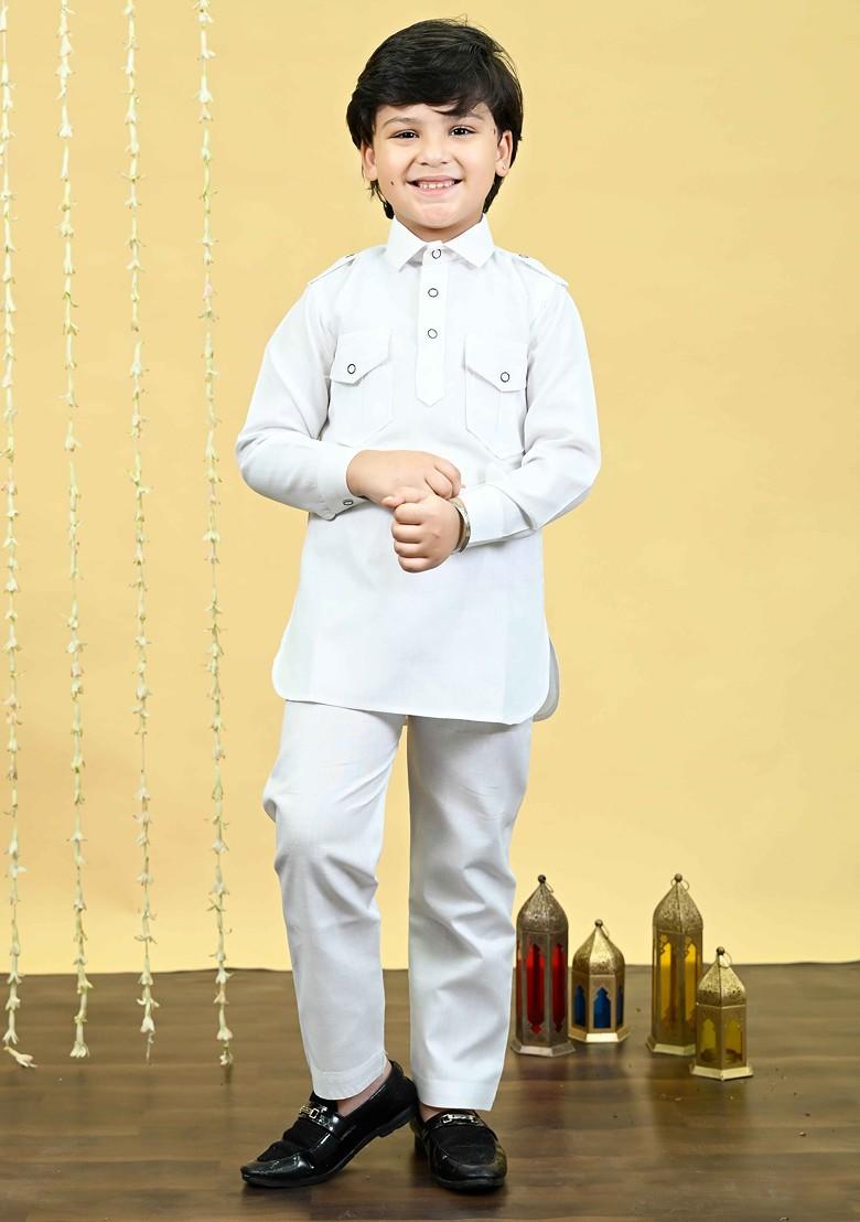 White Embroidered Blended Kurta Set For Boys - Indya