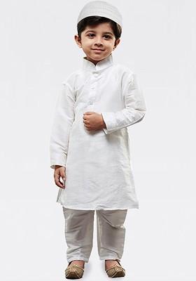 White Embroidered Blended Kurta Set For Boys