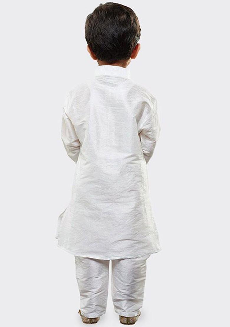 White Embroidered Blended Kurta Set For Boys - Indya