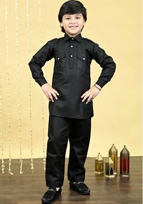 Black Embroidered Blended Kurta Set For Boys