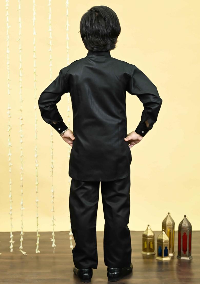 Black Embroidered Blended Kurta Set For Boys - Indya