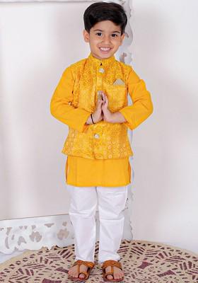 Yellow Embroidered Cotton Nehru Jacket Set For Boys