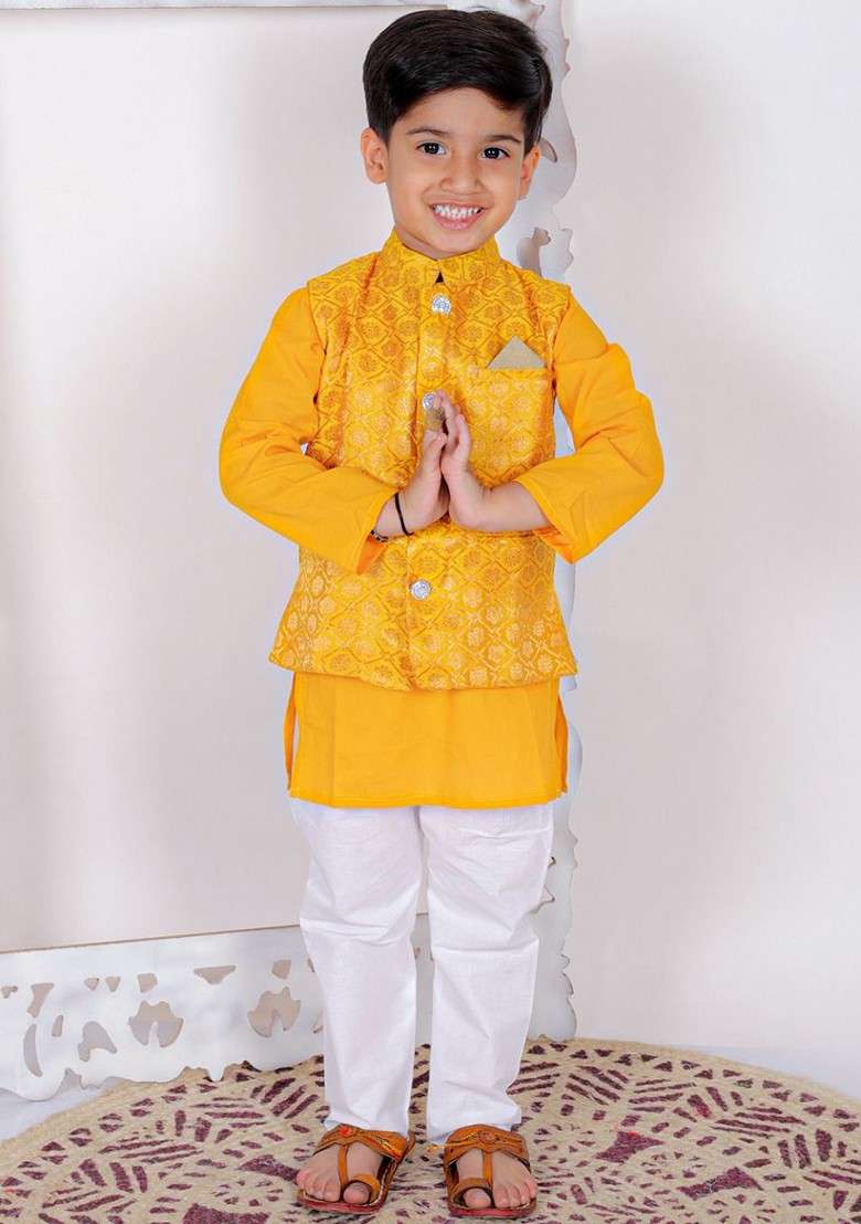 Yellow Embroidered Cotton Nehru Jacket Set For Boys - Indya