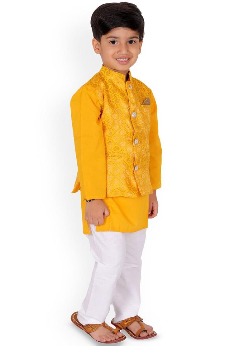 Yellow Embroidered Cotton Nehru Jacket Set For Boys - Indya