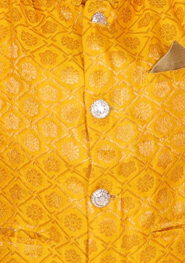 Yellow Embroidered Cotton Nehru Jacket Set For Boys - Indya