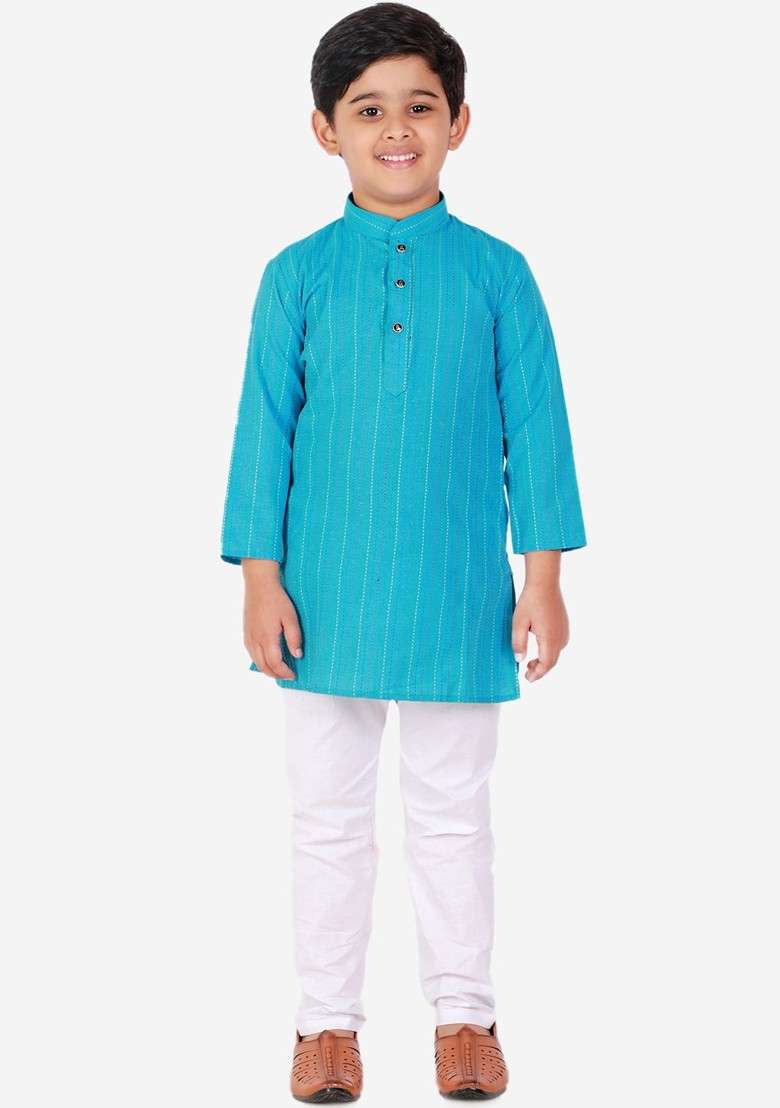 Turquoise Blue Striped Blended Kurta Set For Boys - Indya