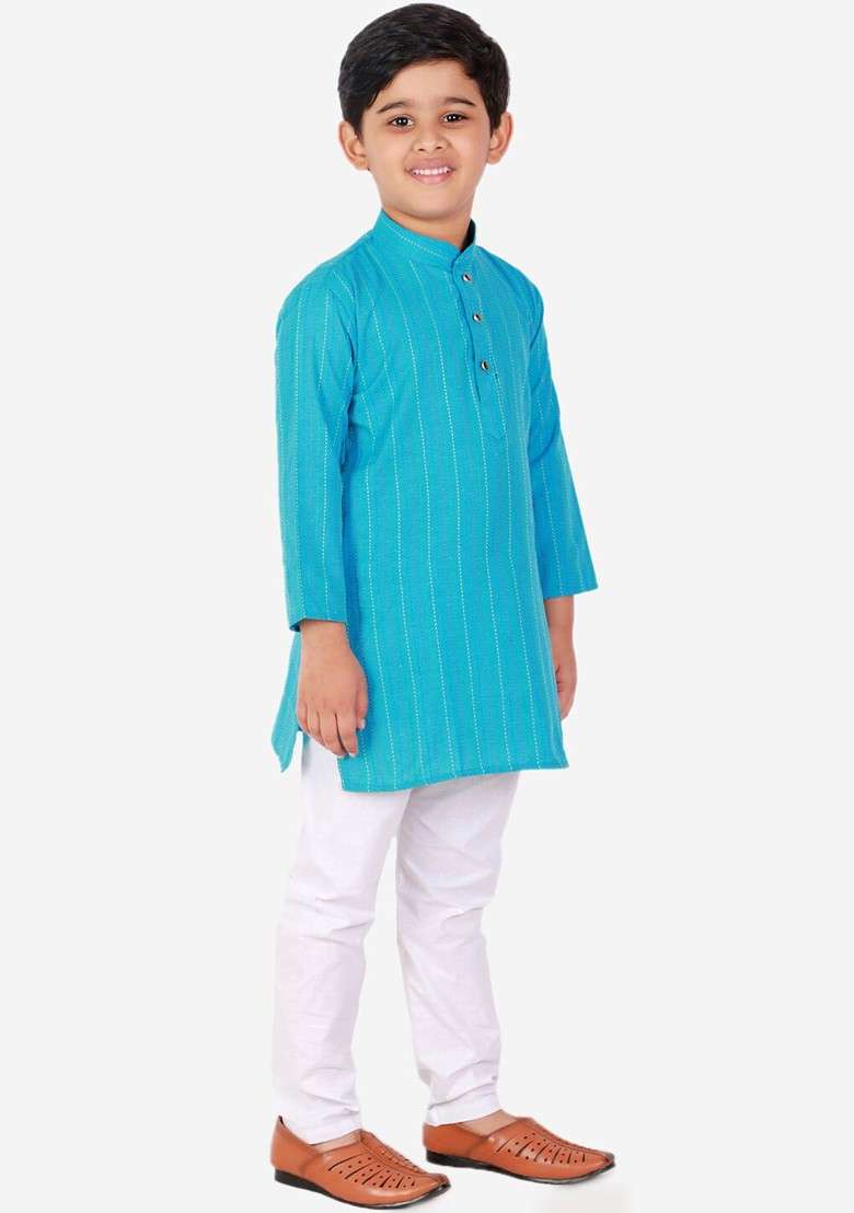 Turquoise Blue Striped Blended Kurta Set For Boys - Indya