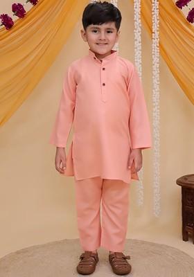 Peach Embroidered Cotton Kurta Set For Boys